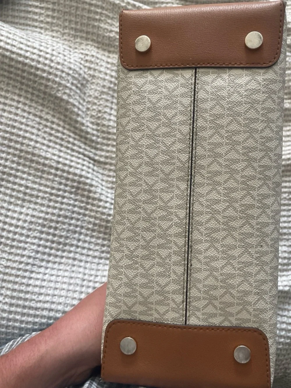 Michael Kors Beige Signature MK Tote with Brown Leather Handles